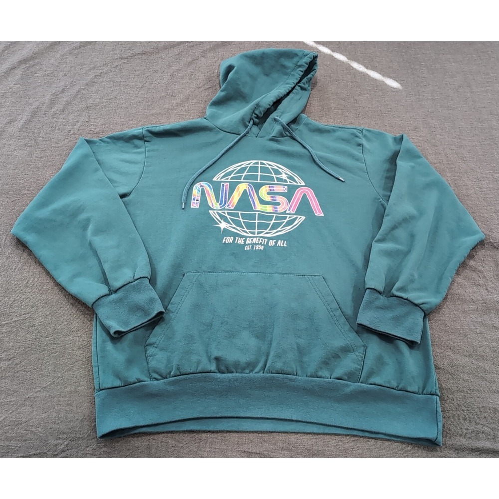 NASA Hoodie Mens Size Large  Blue/Green Hooded Sweatshirt For The Benefit Of All